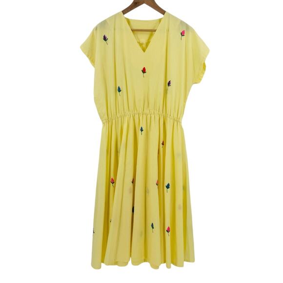 Unbranded Dresses & Skirts - Vintage Hand Embroidered Yellow Midi Dress Boho Floral‎ Print V-Neck Size L